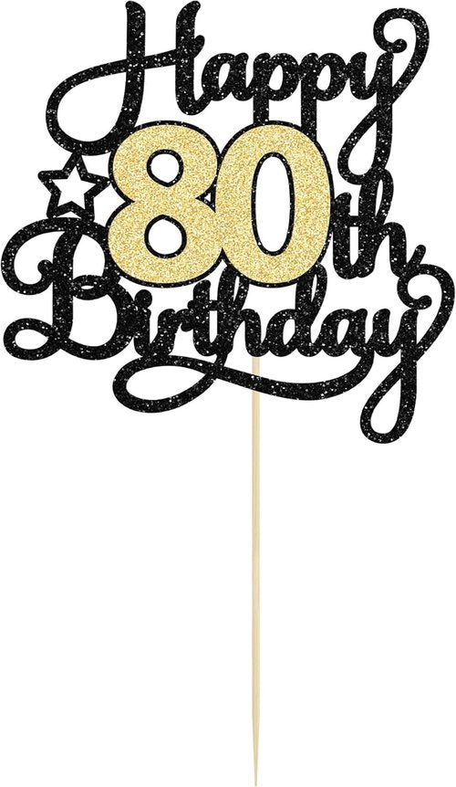 Happy 80th Birthday Cake Topper by [Brand Name] - Black Gold Glitter Cheers to 80 Years Decoration