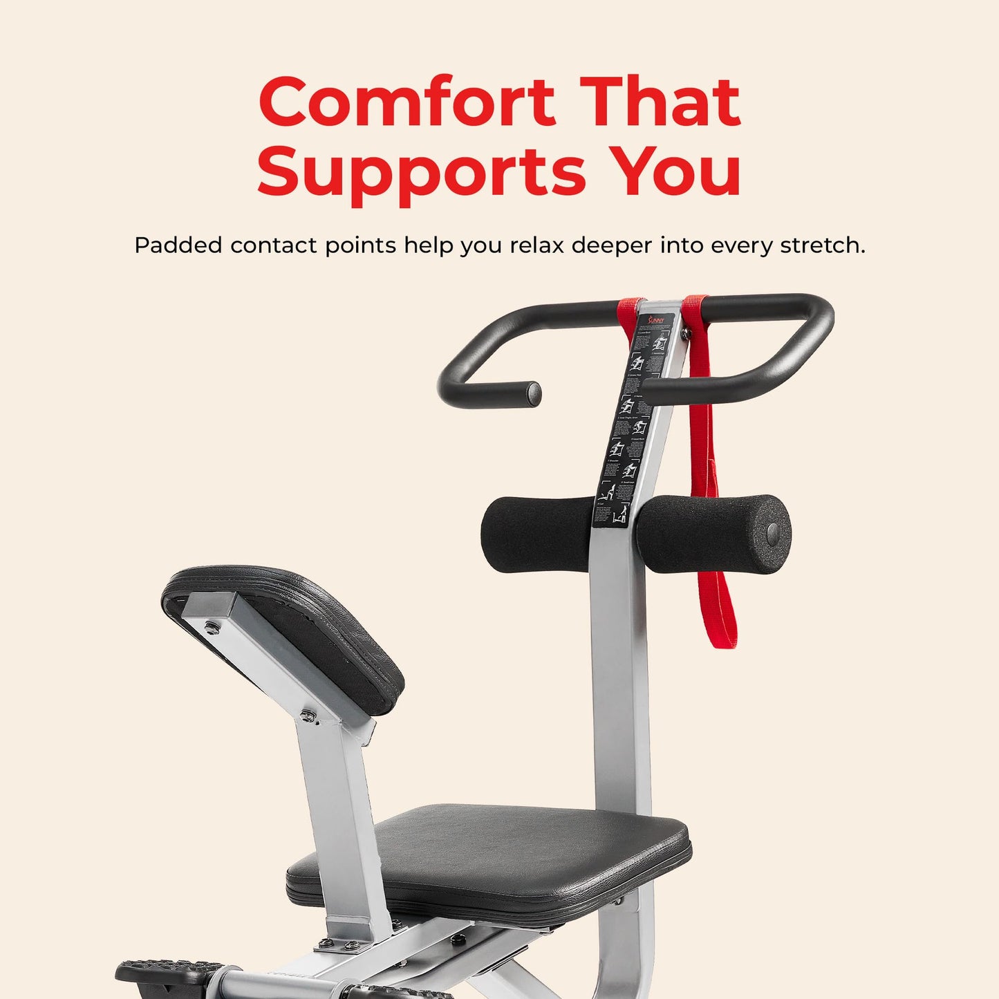 Sunny Health & Fitness Full Body Stretch Machine for Home, Back Stretcher & Flexibility Trainer with Pivoting Seat, Foam Rollers, Safety Straps & SunnyFit App - SF-BH621802