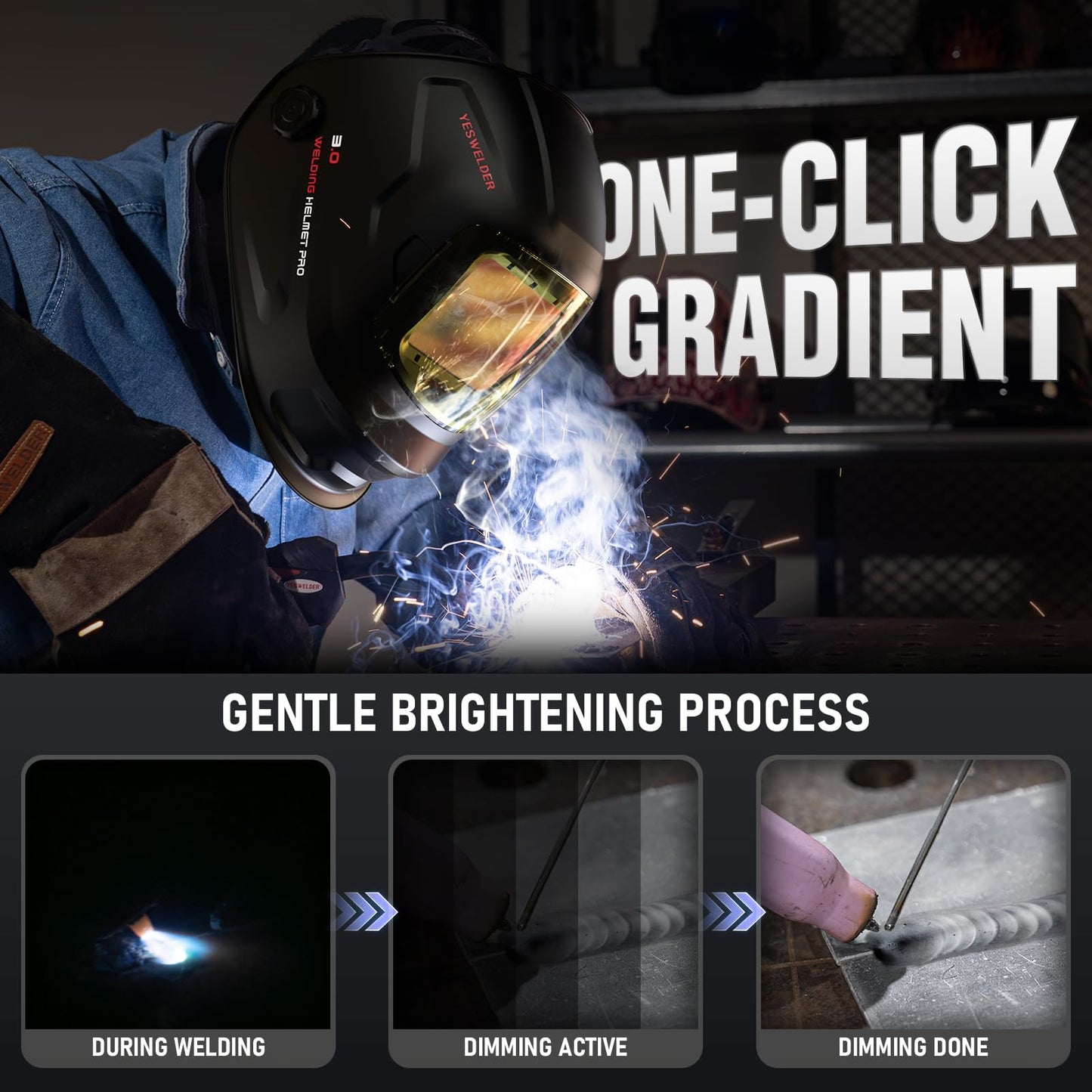 YESWELDER Intelligent Auto-Shade Auto-Darkening Welding Helmet, Large View with Internal Digital Display, True Color 1/1/1/1, Memory & Gradient Wide Shade 3/4-8/9-14 for MIG/TIG/Stick/Tack/Grind/Cut