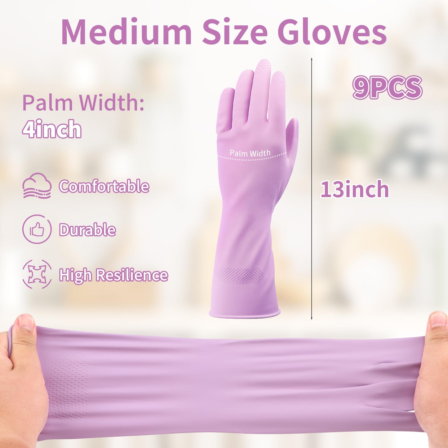 HUGROSE Dishwashing Gloves, 9 Pairs Reusable Medium Kitchen Gloves, Wear-Resistant Natural Latex with Non-Slip Palm, Flocked Liners for Better Grip, Soft Comfort for Garden, Toilets