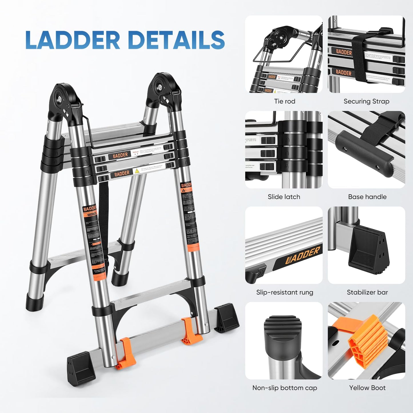 Telescoping A Frame Ladder 12.5 Ft, Collapsible Ladder with Hooks, Multi-Position Folding Step Ladder – Heavy Duty 330 lbs, Telescopic Extension Ladder for Home, RV, Roof, Travel, Storage