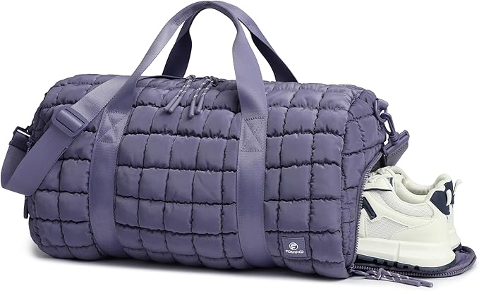 Quilted Duffel Bag for Women, Puffer Gym Duffle Bag with Shoe Compartment Lightweight Large Crossbody Sport Bag Travel Tote Mistviolet