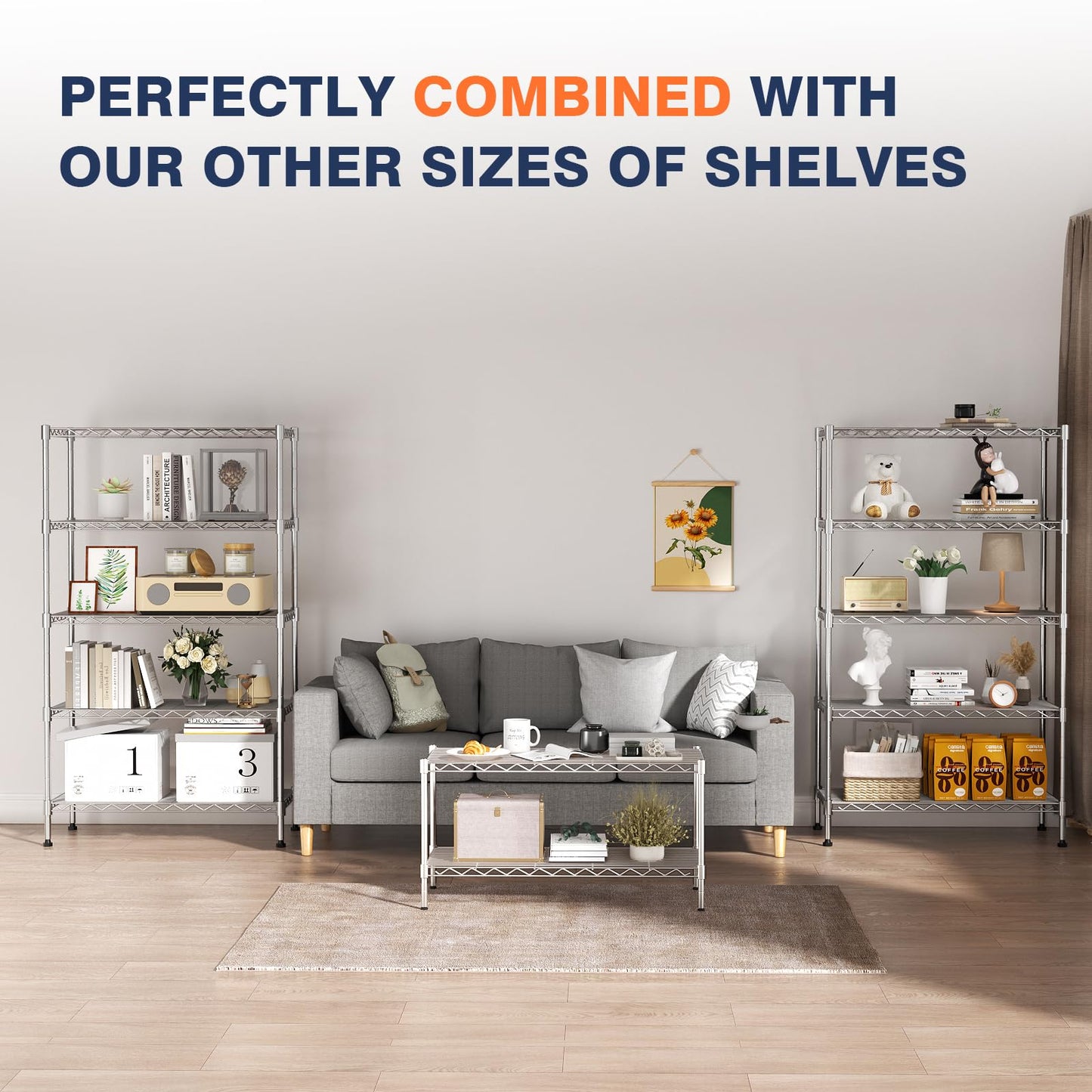 VANZBON 5-Tier Heavy Duty Metal Shelf,Chrome Wire Shelving Unit 35" Wx18 Dx71 H,Height Adjustable Storage Wire Shelves with Lockable Wheels for Garage,Kitchen,Office,Bathroom,Studio