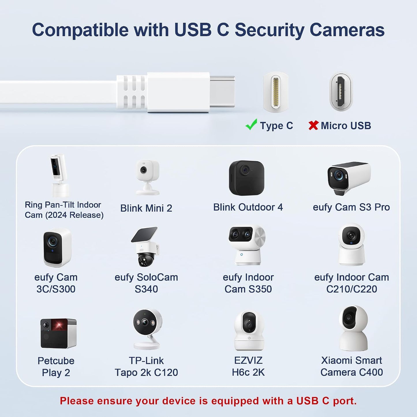 16.5FT/5M 2Pack,Extra 2/Outdoor 4,eufy S3 Pro,3C/S300,3/S330,SoloCam S220/C210/S40,EZVIZ,White Itramax Flat USB A
