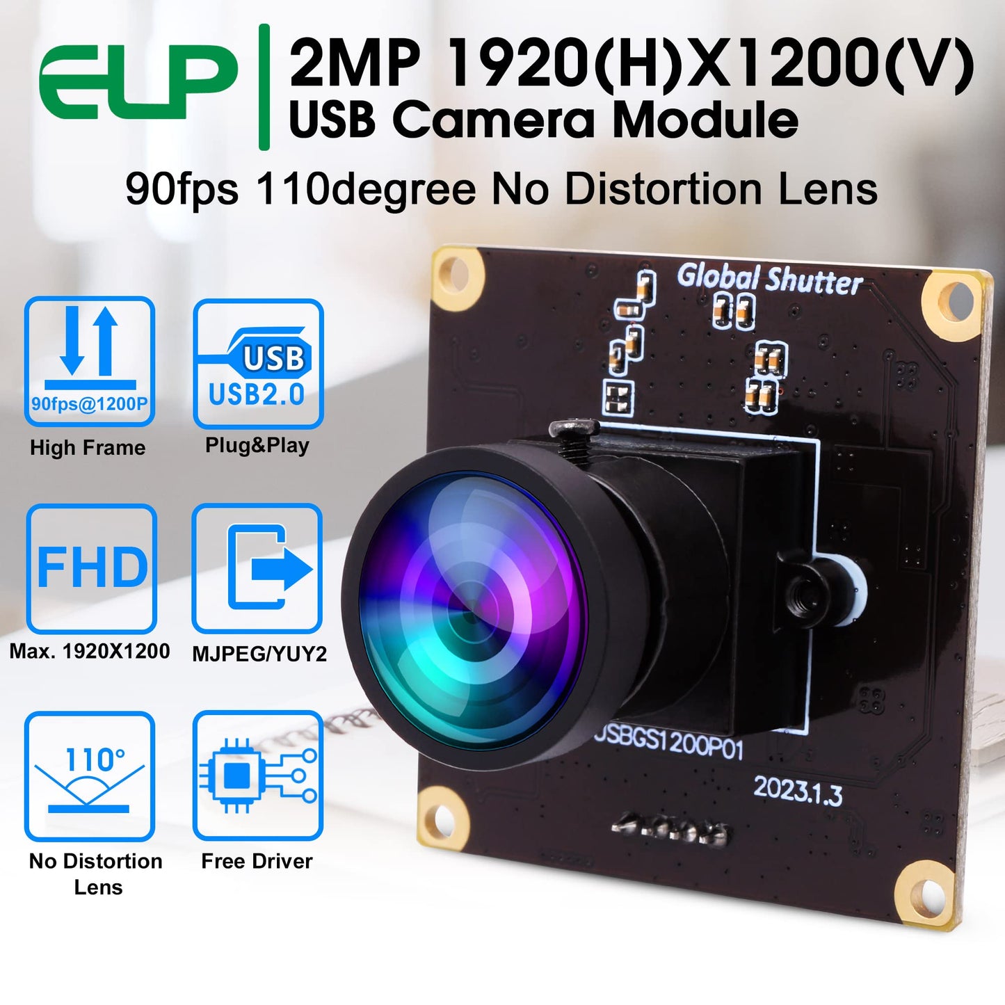 ELP High Speed Wide Angle Global Shutter USB Camera Module for Computer 1080P Mini UVC USB2.0 Webcam Board with 110degree No Distortion Lens AR0234 High Frame 90fps Web PC Camera Board for Laptop