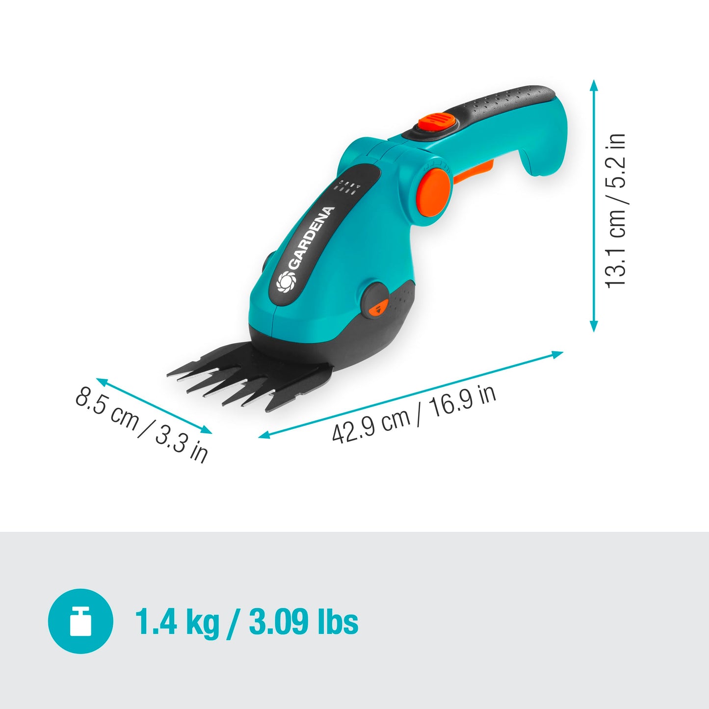 Gardena 9888-56 Battery Grass and Shrub Shears - Cordless, Handheld Shears for Trimming Lawn Edges or Small shrubs and Bushes, 80 Min Run time, Replaceable Quality Non Stick Blades, Turqoise