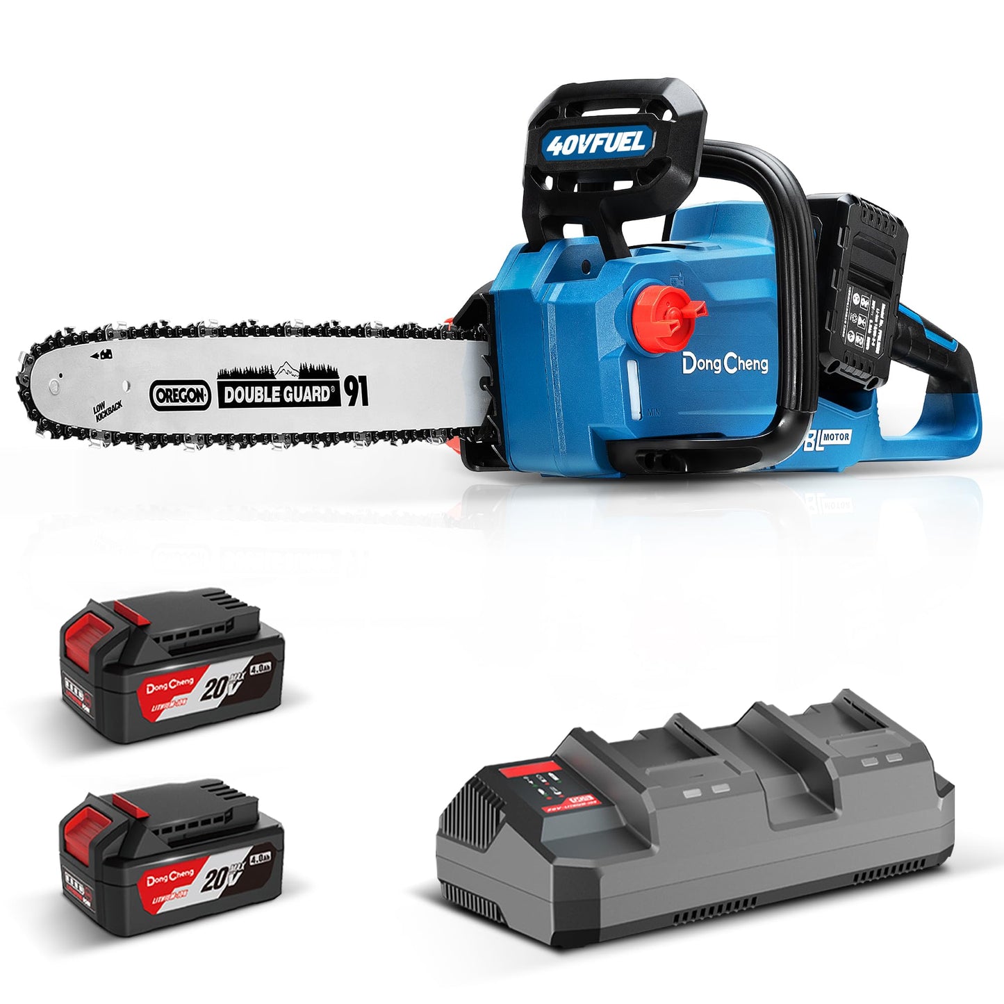 Dong Cheng Brushless Cordless Chainsaw, 40V 16 Inch, Gas-Power Performance, Tool-Free Chain Tension, Instant Brake, with 2x4.0Ah Batteries & Charger for Felling, Logging & Heavy-Duty Wood Cutting