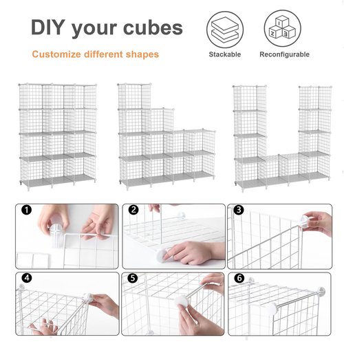 ATTDETJL 12-Cube Storage Organizer, Metal Wire Cube Shelving Unit, 11.8" L x 11.8" W x 11.8" H, Modular Grid Bookshelf for Closet, Bedroom, Office, Black ATTJL12B