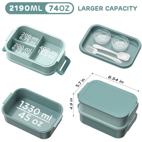 DaCool 2 Pack Adults Lunchbox Bento Box 74 OZ Stackable Lunch Box for Kids Adults Men Women Teens Leakproof Bento Large Lunch Box Container with Fork Spoon Sauce Box for School Work,Grey,Morandi-Green