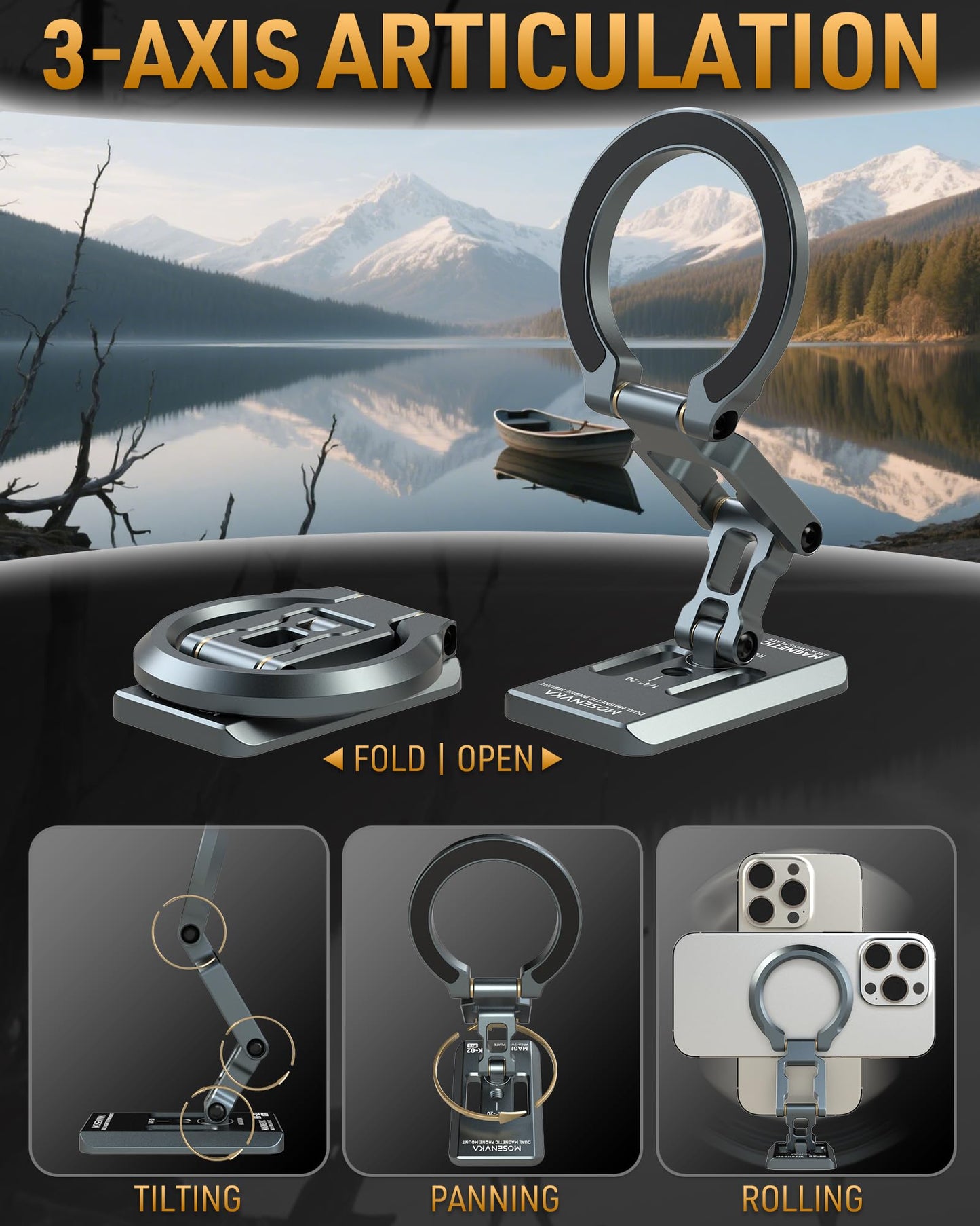 MOSENVKA Dual Magnetic Phone Holder Gym Magnetic Stand,Tripod Phone Mount (1/4'' Hole& ARCA-Swiss),Portable Phone Grip for iPhone 12/13/14/15/16/17-Desk/Car/Gym/Golf Cart/Airplane Use Stand (Silver)