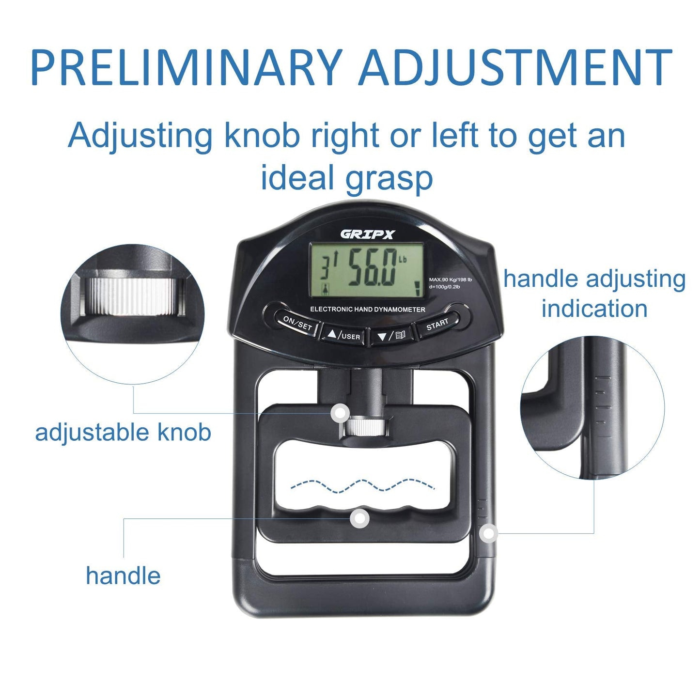 GRIPX Digital Hand Dynamometer Grip Strength Measurement Meter Auto Capturing Electronic Hand Grip Power 198Lbs / 90Kgs, Black