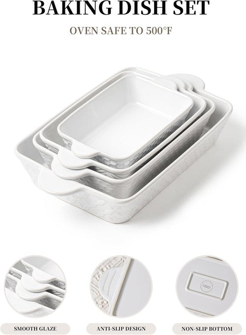 FOBENTA Casserole Dishes - Set of 4 Ceramic Bakeware with Handles | Rectangular Deep Lasagna Pans for Kitchen & Gifts