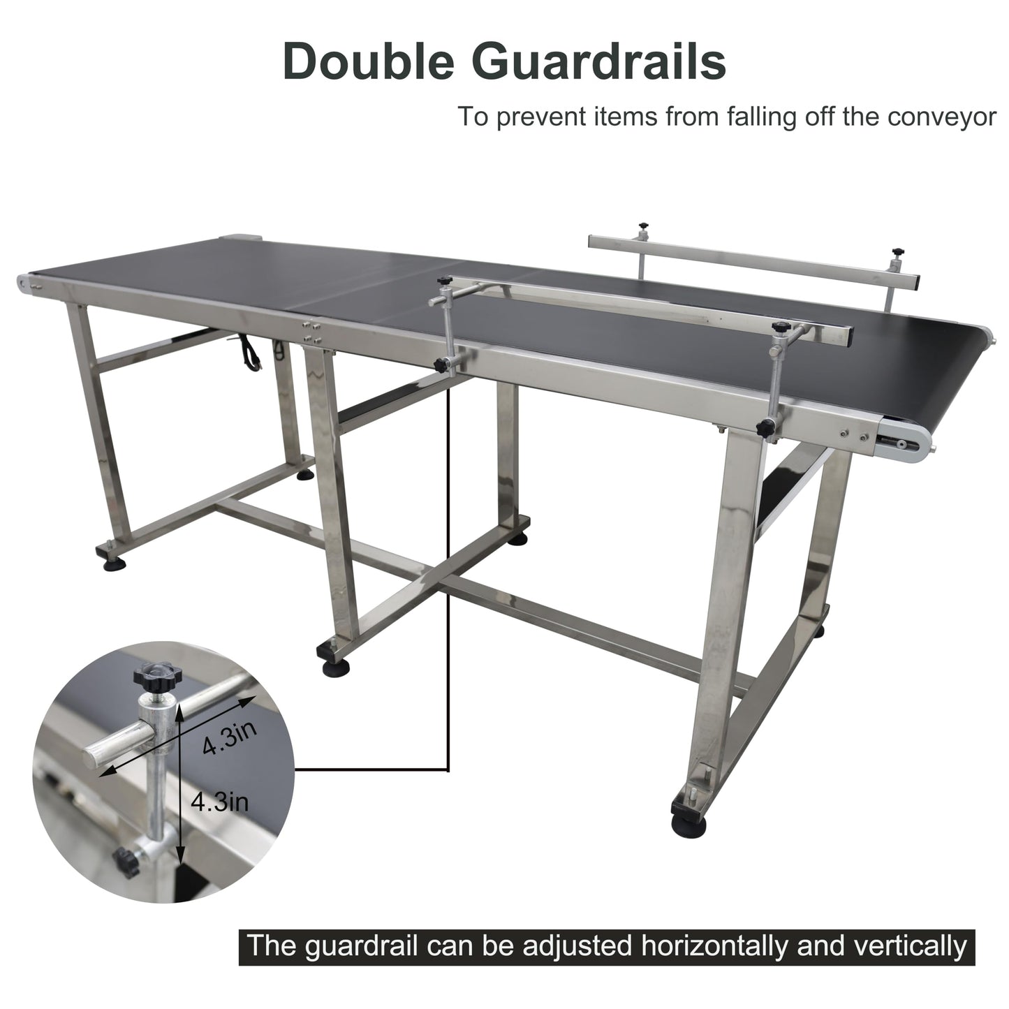BREVELTION PVC Flat Belt Conveyor Stainless Steel Industrial Transport Conveyor Adjustable Speed Conveyor with Double Guardrails Conveyor Length 82.7inch Width 23.6inch Load 88LBS 250W