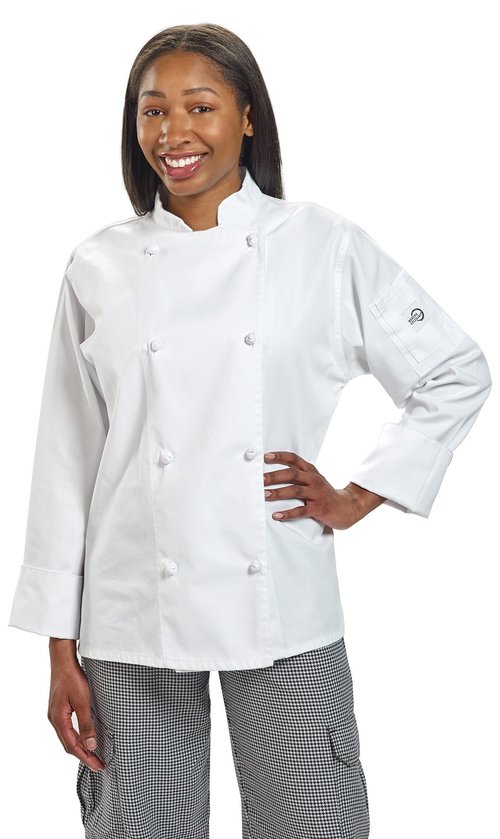 Mercer Culinary M61040WHM Genesis Women's Chef Jacket with Cloth Knot Buttons, Medium, White