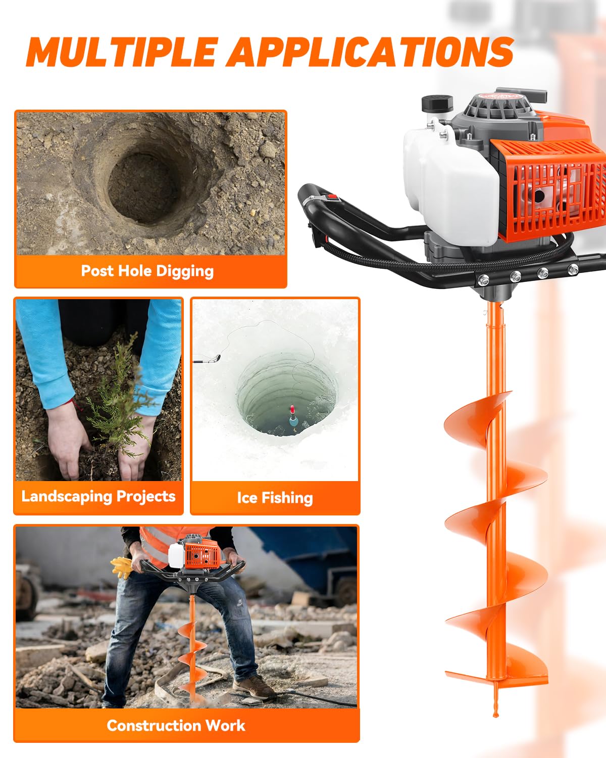 NEO-TEC 72CC Post Hole Digger Auger Drill Gas Powered 2-Stroke & 6" 10" Drill Bits + 1 Extension Bar, Earth Auger Petrol Drill Borer for Garden Lawn Auger Drill Bit for Planting