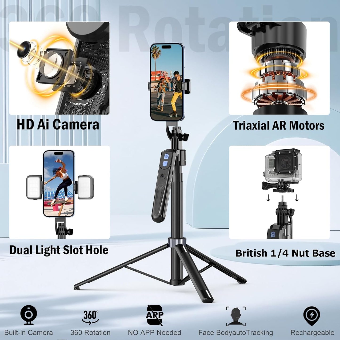 360 Auto Face Tracking Tripod Rotation with Stand,Android and iPhone Tripod Holder with Remote and Gesture Control, No