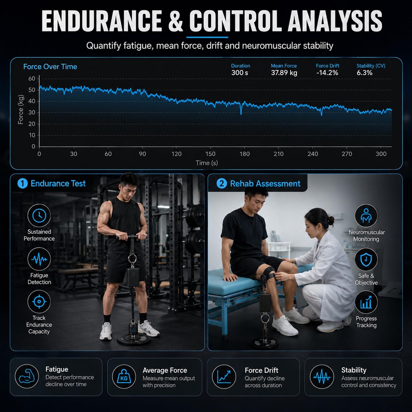 Isometric Strength Tester, 500kg Muscle Strength Tester with App Data Tracking & Export, Grip Strength & Forearm Trainer for Pull, Push, Endurance, Stability & Power Testing