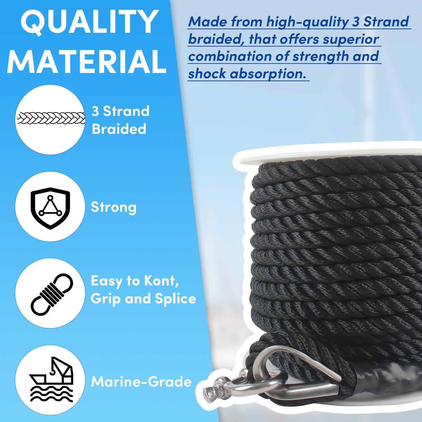 VEITHI Anchor Rope 50 ft x 1/2 inch Black, 3 Strand Anchor Line Boat Rope with Stainless Steel Thimble & Shackle Ideal for Towing,Docking,Boats,Mooring,Anchoring,for Boats Up to 35'
