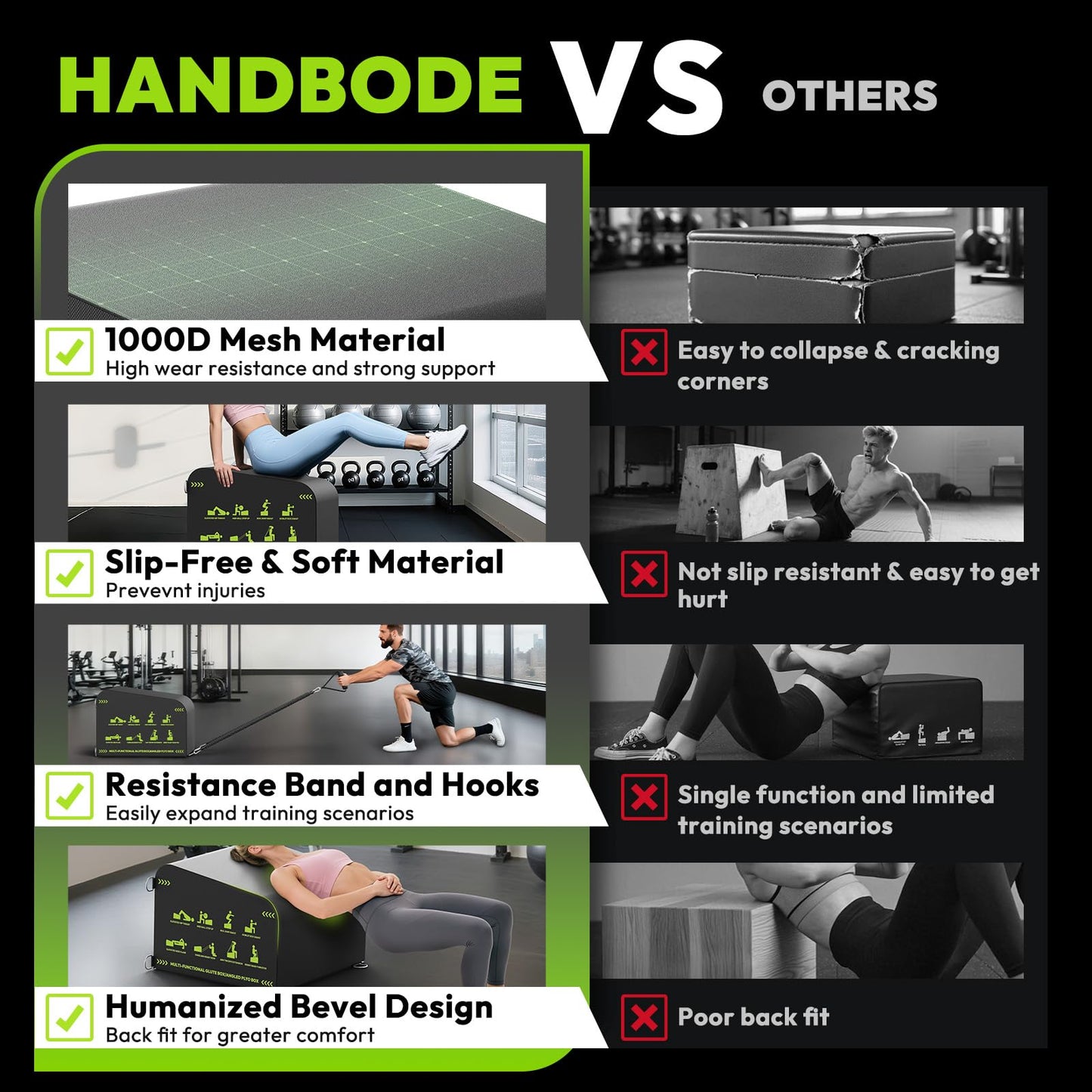 HANDBODE Hip Thrust Bench, Multi-Functional Slip-Free Hip Thrust Machine for Glute Bridge, Box Jump, Push-Ups, Squat, Ab Exercise, Suitable for Home & Gym, Black/Green