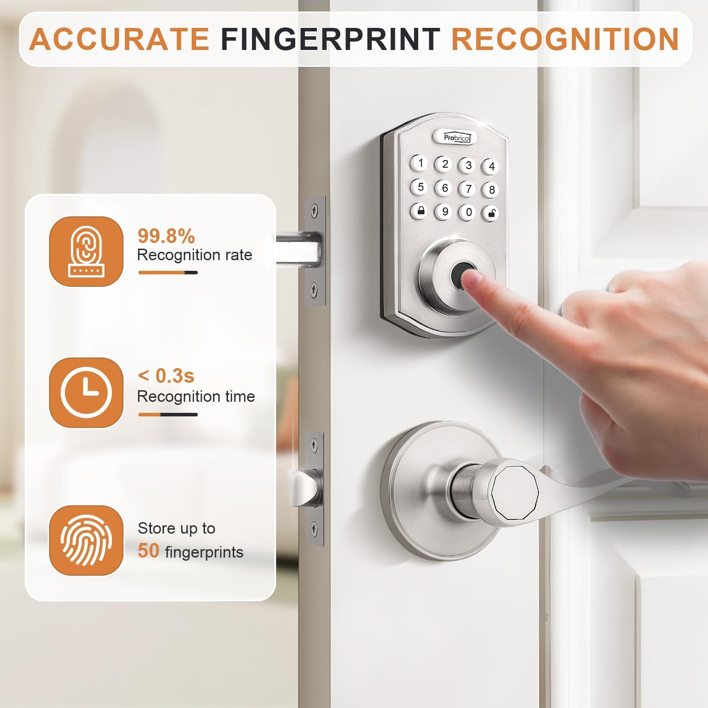 Probrico Smart Door Lock Satin Nickel Keyless Entry Door Lock, Keypad Door Lock with Handle Fingerprint Deadbolt Handle Set