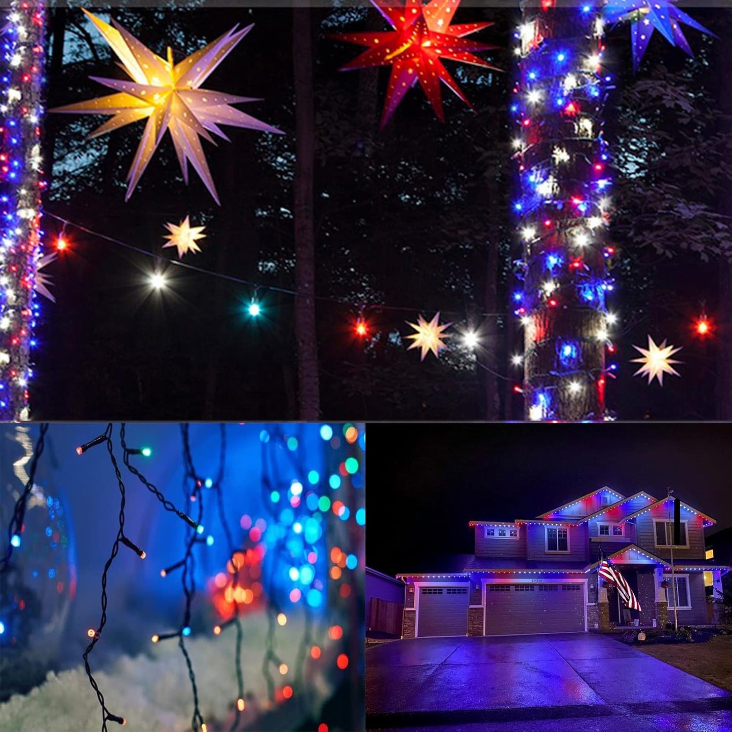 Skiennix 4th of July Outdoor Decorations - 4-Pack Red, White & Blue Solar String Lights | 400 LED, 132FT, Waterproof