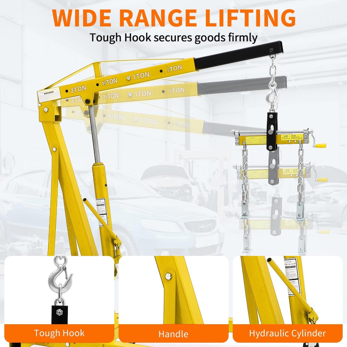 2 Ton Folding Hydraulic Engine Hoist with Load Leveler 4400 LBS Capacity Heavy Duty Cherry Picker 6 Swivel Wheels&Hydraulic Pump Adjustable Boom (0.5T-2T) for Garage Workshop Warehouse Yellow