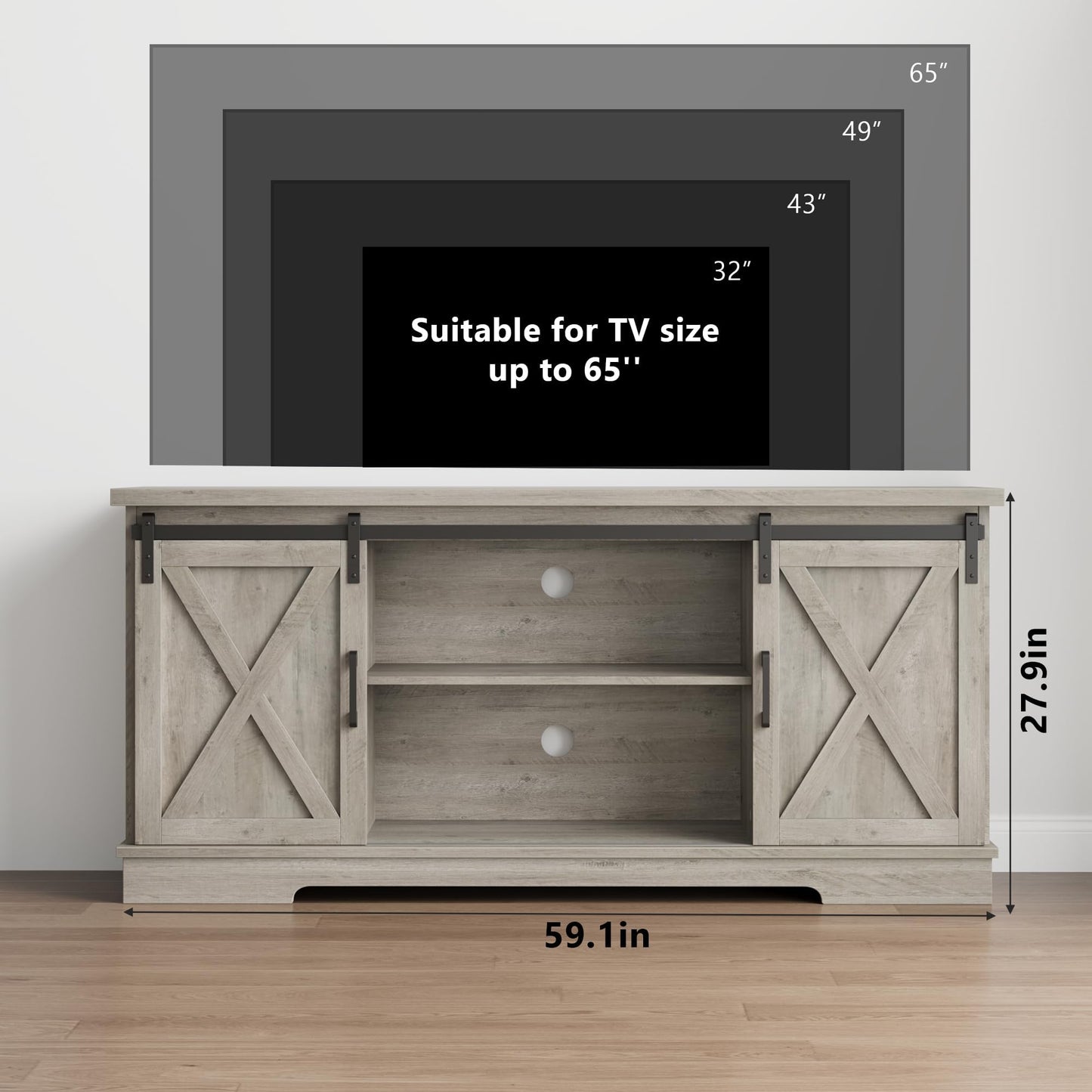 IDEALHOUSE Farmhouse TV Stand for 65 Inch TV, Entertainment Center with Sliding Barn Doors and Adjustable Shelves, TV Stand with Storage, Modern Storage Media TV Console for Living Room Bedroom, Grey