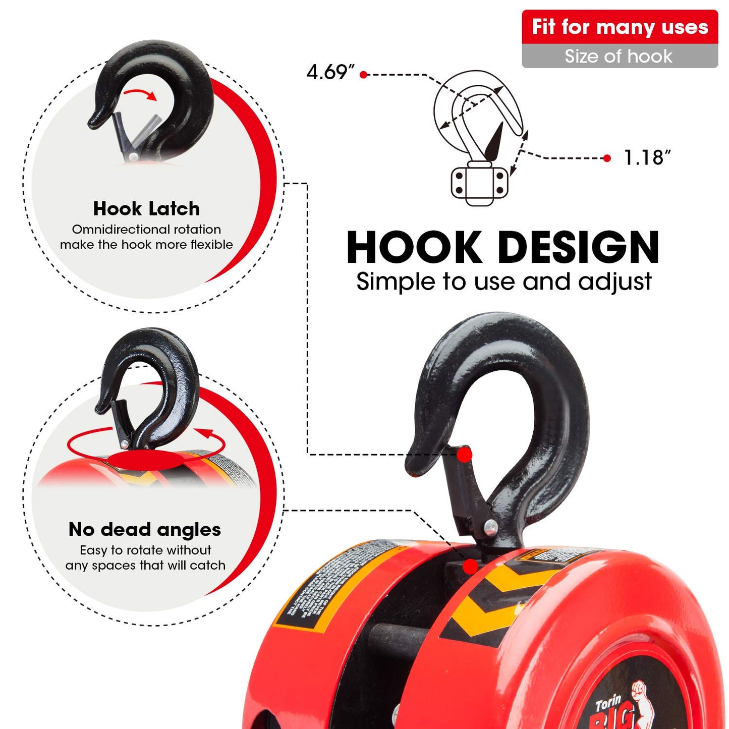 BIG RED TR9030 Torin Manual Hand Lift Steel Chain Block Hoist with 2 Hooks, 3 Ton (6,000 lb) Capacity, Red