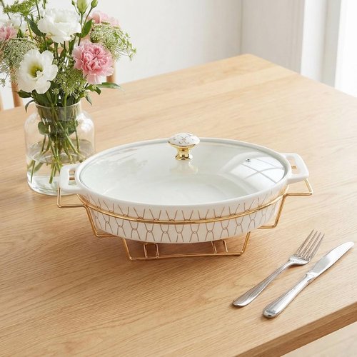 jinsongdafa 12" x 8" Ceramic Oval Casserole Dish with Glass Lid and rack, 54 ounce Serving Soup Tureen,Chafing Dish for Buffet, Family Food preserve Tray, Catering Casserole for Party Style, White