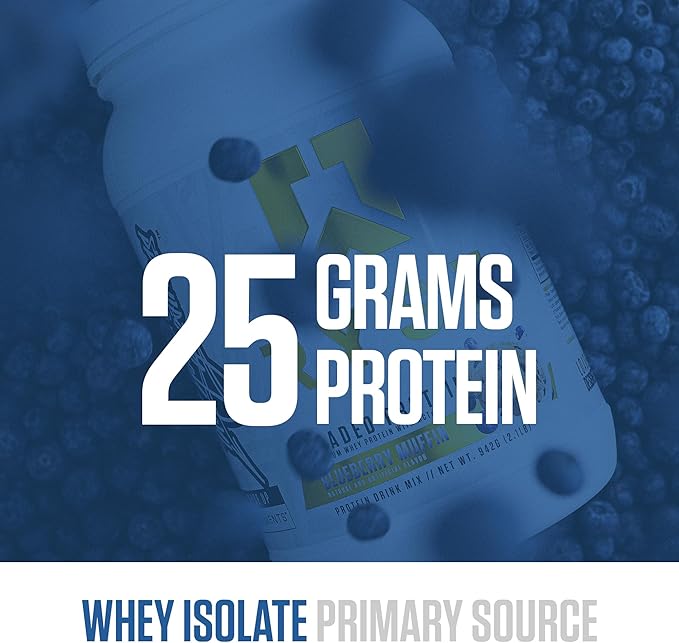 RYSE Loaded Protein Powder - Blueberry Muffin - 25g Whey Protein Isolate & Concentrate with Prebiotic Fiber & MCTs - Low Carb, Low Sugar, Digestive-Friendly - 54 Servings / 4 lb Tub