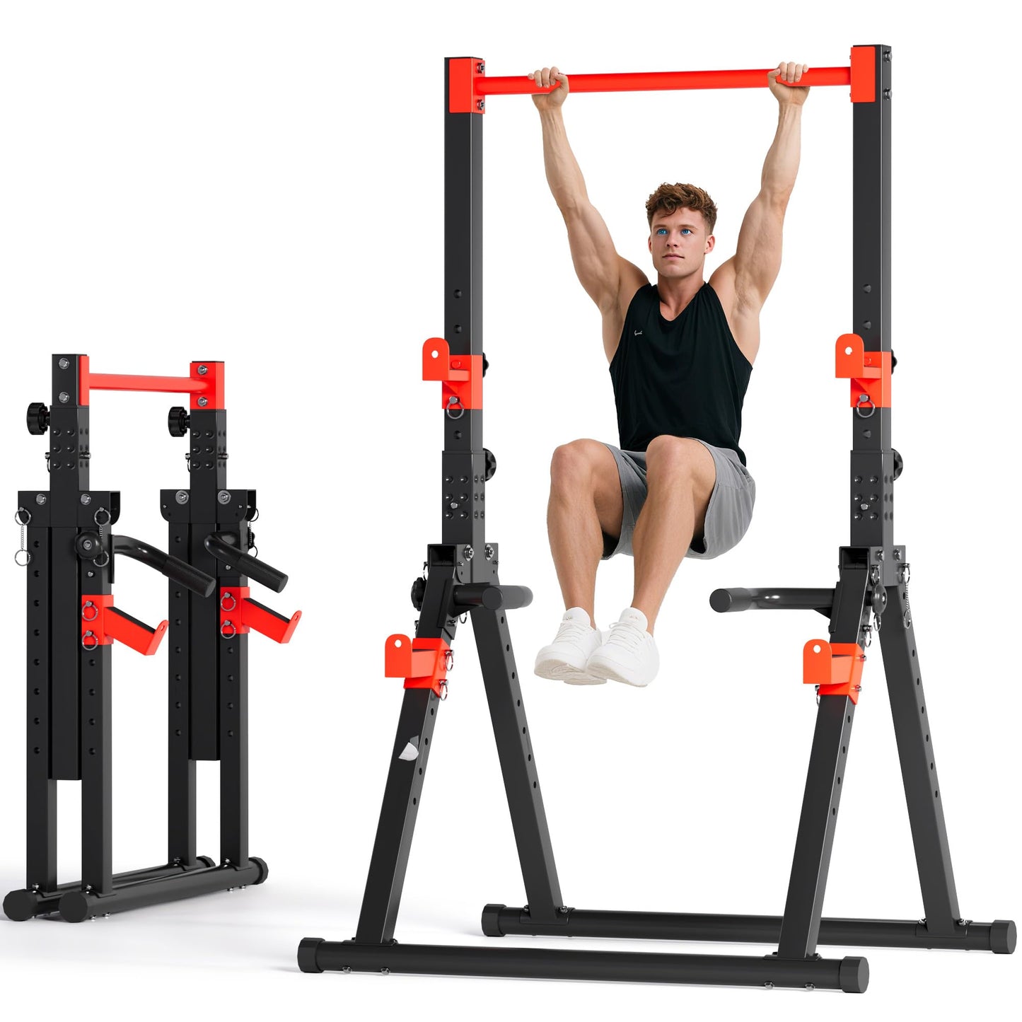 SogesPower Power Tower Pull Up Bar Station, Foldable Pull Up Dip Station Free Standing for Home Gym,Adjustable Pull Up Bar Stand Dip Bar Strength Training Workout Equipment,Triangular Design,Red