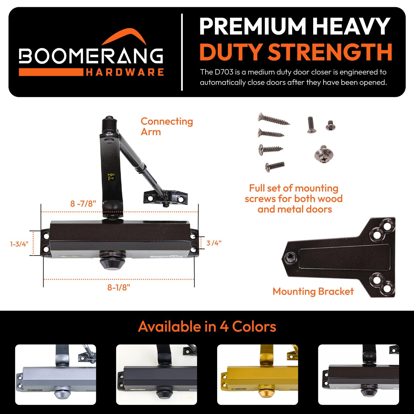 Boomerang D703 Medium-Duty Designer Auto Commercial Door Closer, Multiple Mount Options, Door Closer for Medium/High Traffic Areas, UL 3 Hour Fire Rated, Dark Bronze (US10B)