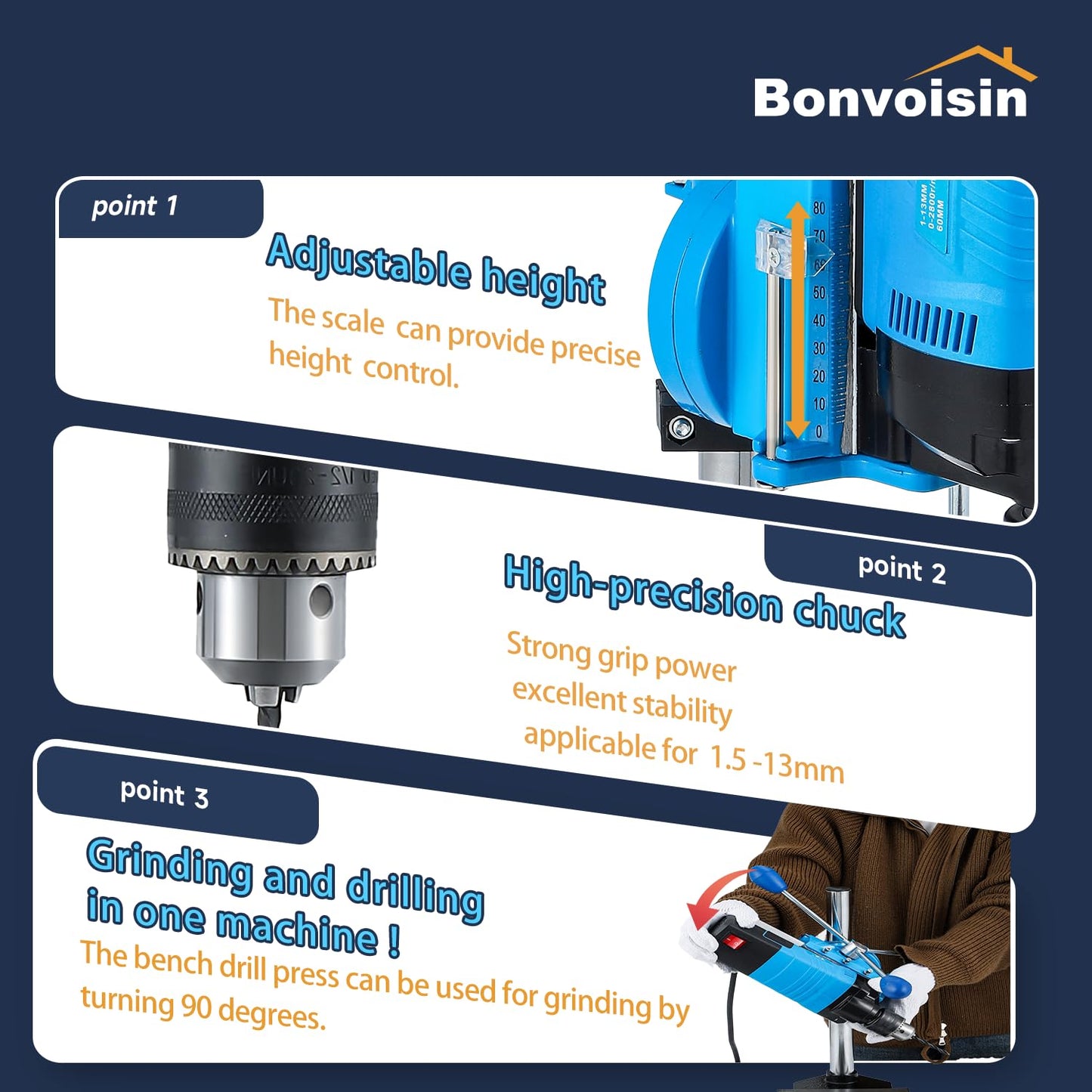 Bonvoisin Mini Benchtop Drill Press, 6 Variable Speed Drilling Machine for Craft and Home Improvement, 1200W Electric Drill Press 2800RPM Max Speed