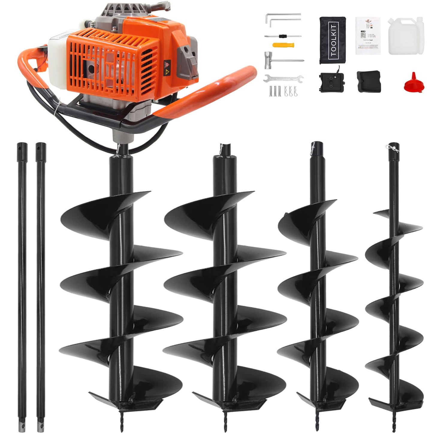 72CC Newly Upgraded Post Hole Digger Gas Powered, 2 Stroke Auger Post Hole Digger with 3 Drill Bits (4" &6" & 12") + 2 Extension Rod for Planting - Ideal for Farm & Garden