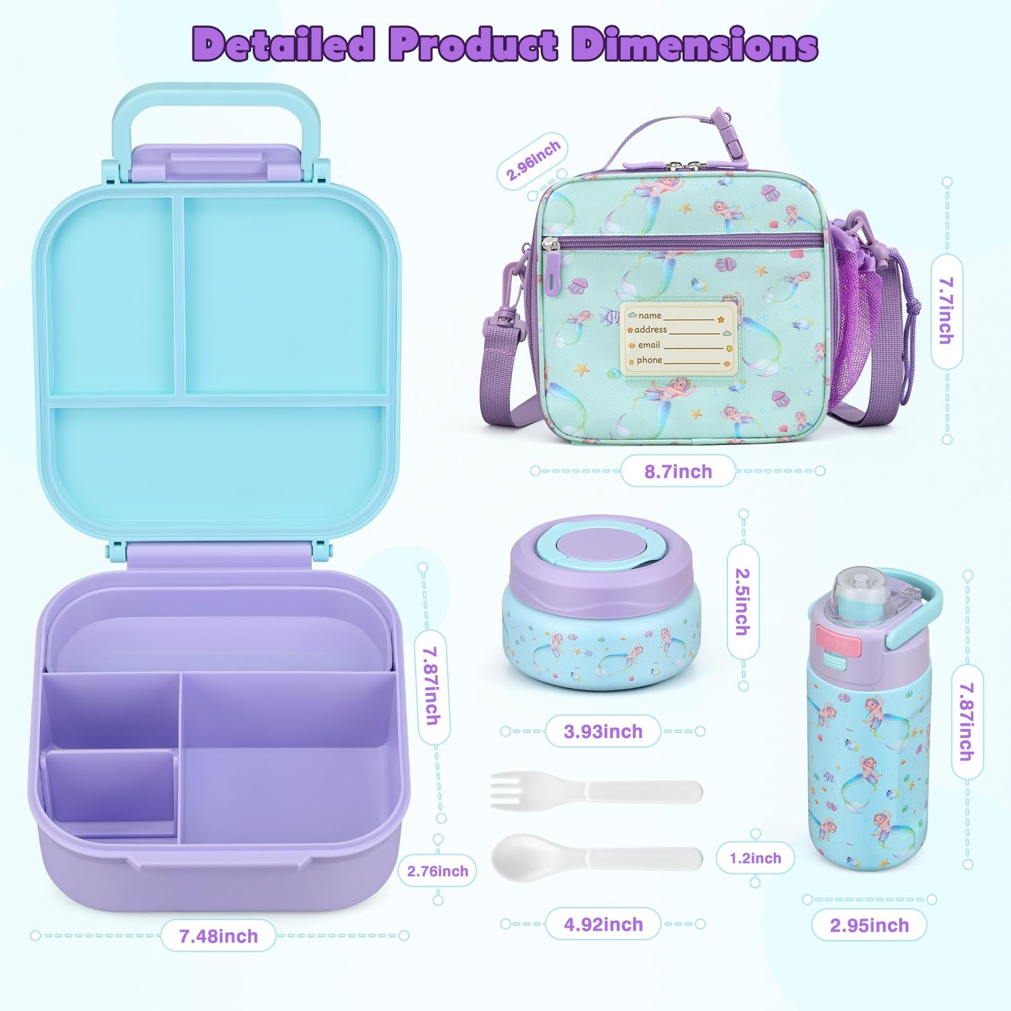 Bento Lunch Box for Kids with 7oz Soup Thermo,Insulated Stainless Steel Kids Water Bottle with Straw and Insulated Lunch Bag,Leak-Proof Lunch Food Container with Ice Pack for School(Purple-Mermaid)