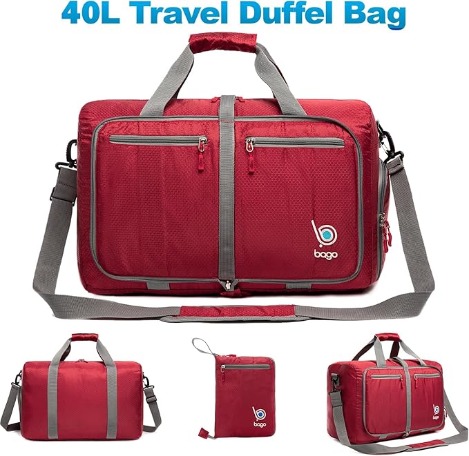 Bago Foldable Duffel Bags for Traveling Women & Men - 40L Sports Packable Duffle Bag for Travel with Shoe Compartment - Water Repellant, Heavy Duty, Lightweight Folding & Collapsible (Red)