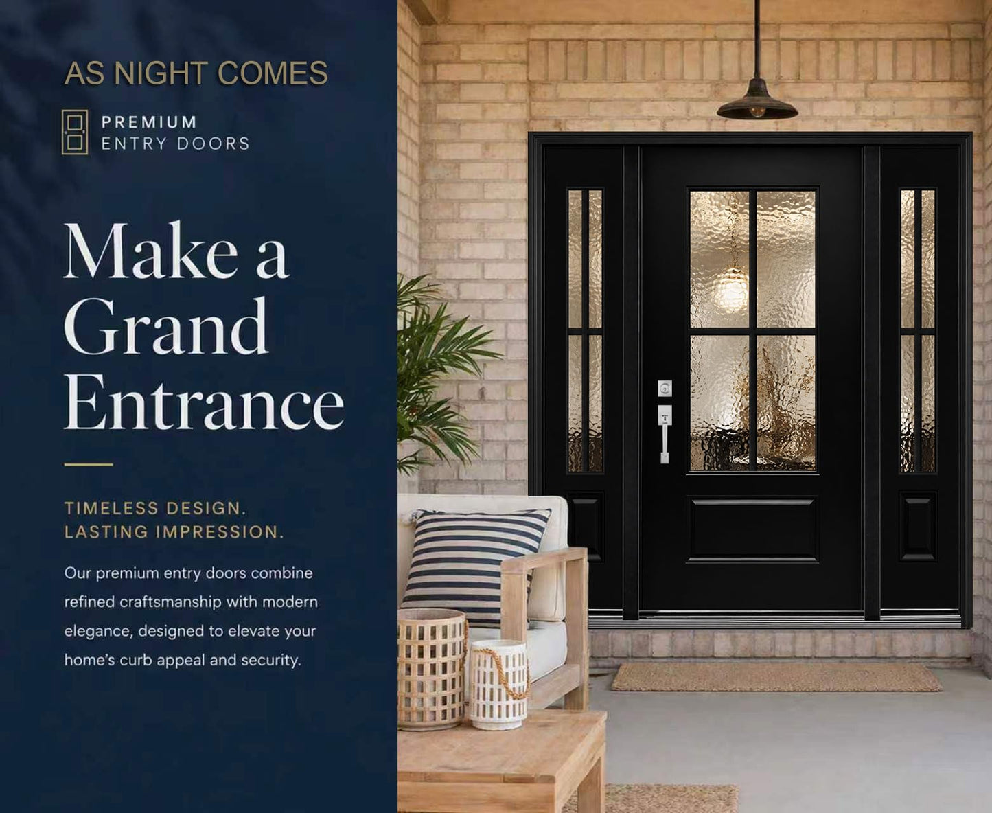 Front Entry Door with 14 in. Sidelite, 68 x 80 Smooth Black Fiberglass Door, 4-Lite Hammered Glass Transitional Design, Right-Hand Inswing