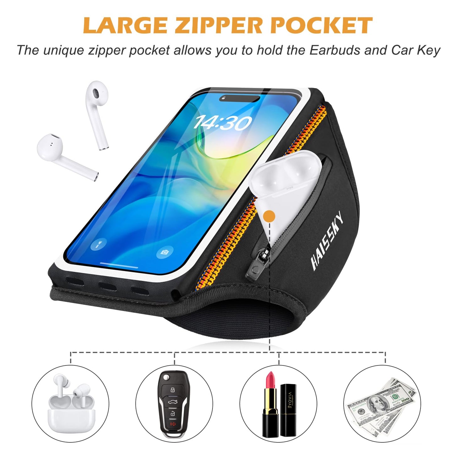 Running Armband with Earphone Bag Cell Phone Armband for iPhone 17 16 15 Pro 14 Plus 13 11 XR, Galaxy S24/S10 Water Resistant Sports Phone Holder Case & Zipper Slot Car Key Holder for 6.9 inch Phone