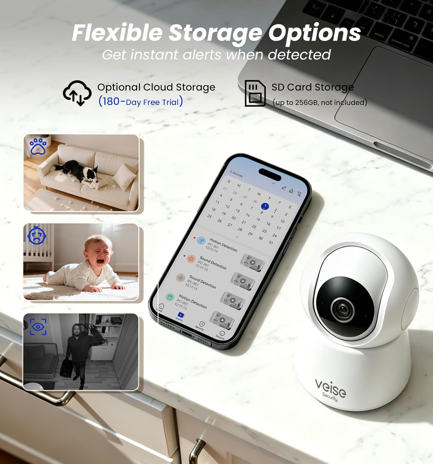 Veise 2K 360 2-Way 2.4GHz Indoor Camera for Home Security, Wireless WiFi Pet & Baby Monitor with Phone App, AI Motion