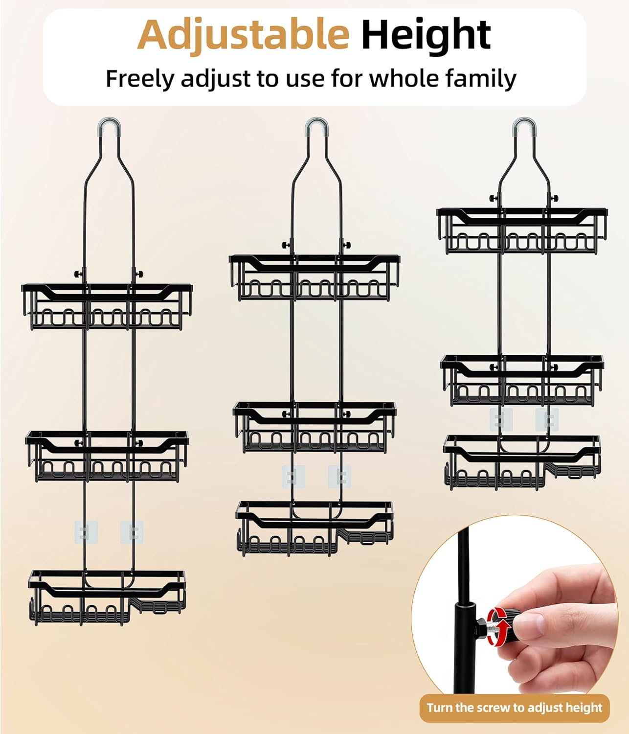 Skiennix Adjustable Shower Caddy - 3-Tier Hanging Organizer with Soap Holder | Extended Length, Black