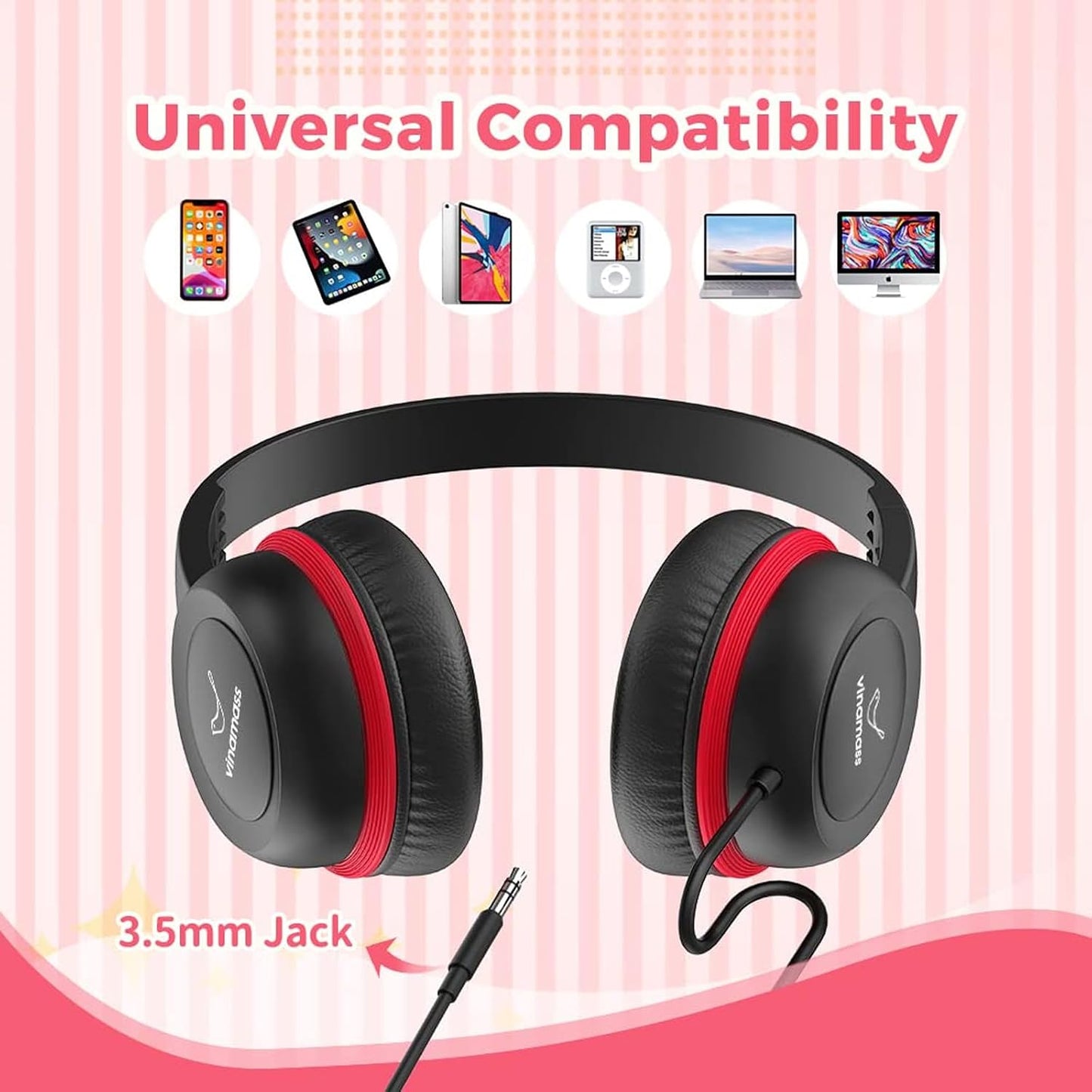 3.5mm vinamass Kids Headphones, Wired Headphones for Kid with Safe Volume Limiter, Kid Headphone with Cord Jack, On-Ear