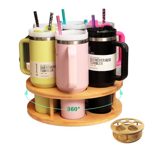 Ami.Todfo 7 Slots Water Bottle Organizer for Stanley Cup Tumbler Accessories Owala Bottle Holder Rotatable Drying Rack Storage for Kitchen Cabinet Countertop Pantry Organizers for Gift, Natural Wood