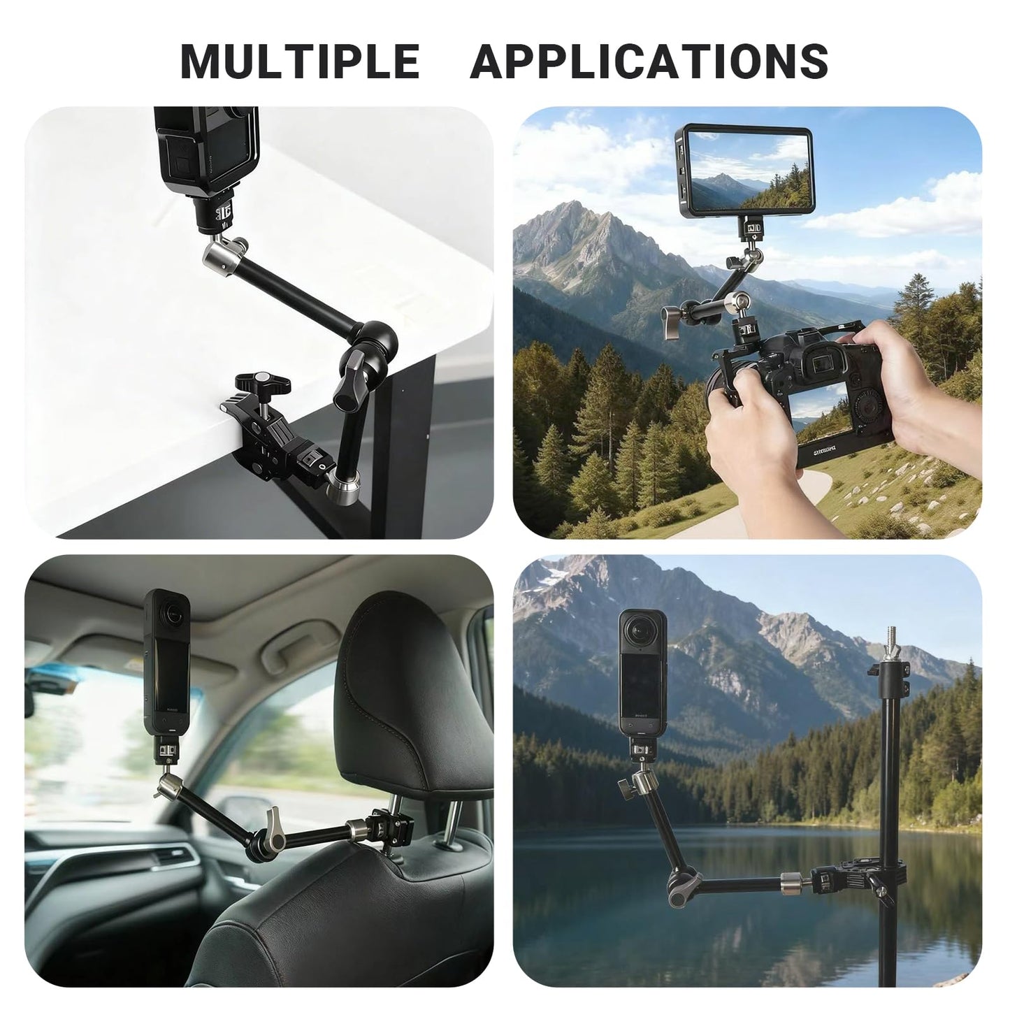 Heavy-Duty Articulating Magic Arm Mount with Super Clamp, 360° Dual Ball Head & 1/4" ARRI Locating Pin&Holes, Camera Monitor Mount for Action Camera Video LED Light (11" Magic Arm w/Clamp)