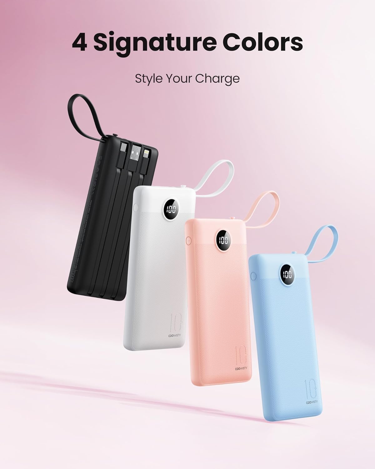 Coowisty 10000mAh Pack 5 2 Portable Phone Charger, Slim Travel Essentials Power Bank with Cords Wires, Battery Outputs