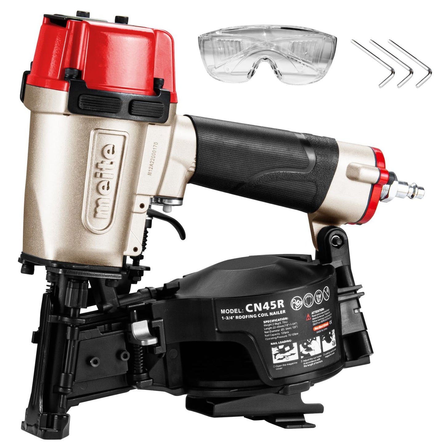 meite CN45R Roofing Nailer 15 Degree Coil Roofing Nail Gun, Pneumatic Nail Gun Accepts 7/8" to 1-3/4" Coil Roofing Nails, Roofing Nailer with 120 Nail Magazine for Asphalt Shingles Decking Sheathing
