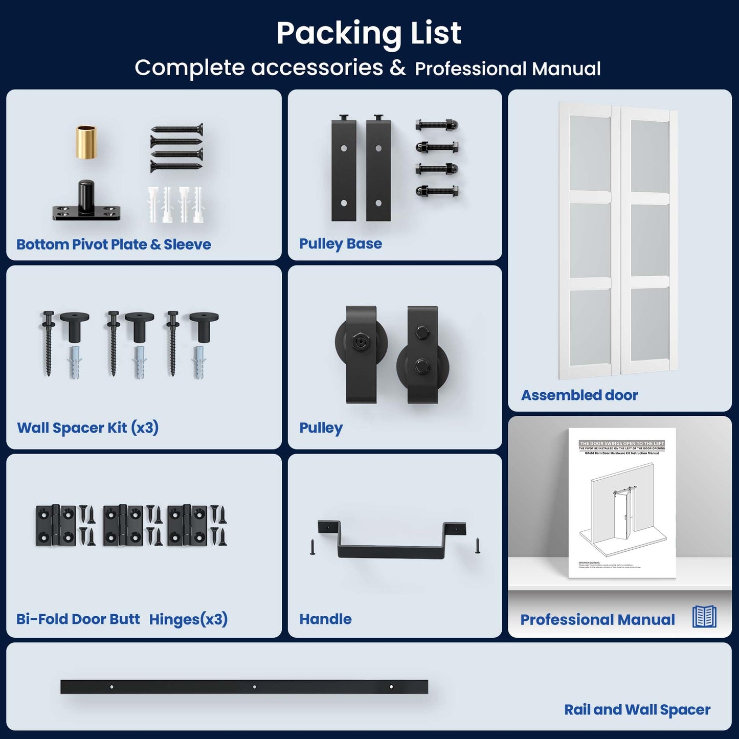 SMARTSTANDARD 36in x 84in Bifold Barn Door, Frosted Glass Barn Door with Hardware Kit Included, Pre-Drilled Holes Easy Assembly -Solid Barn Doors Slab Covered with Water-Proof PVC Surface, White