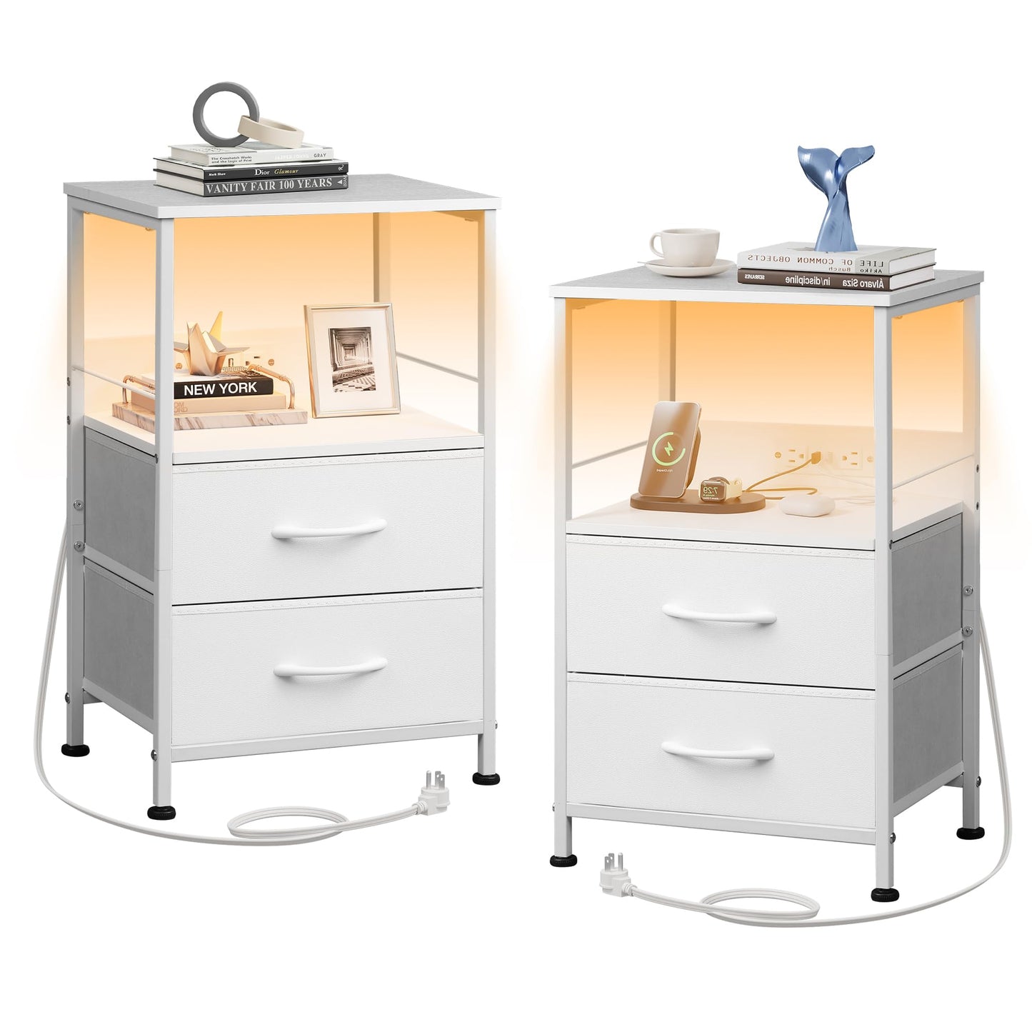 WLIVE White Night Stand Set of 2 with Charger Station, LED Nightstand with 2 Fabric Drawers and Storage Shelf, Bedside Tables with 3 USB Ports and 2 Outlets, Small Dresser for Bedroom,Small Space