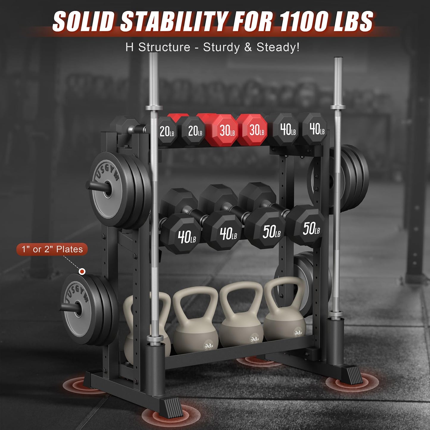 3-Tier Dumbbell Rack, 1100LB Capacity Adjustable Weight Rack for Home Gym, Heavy-Duty Weight Stand for Dumbbells Kettlebells & Weight Plates(Rack Only)