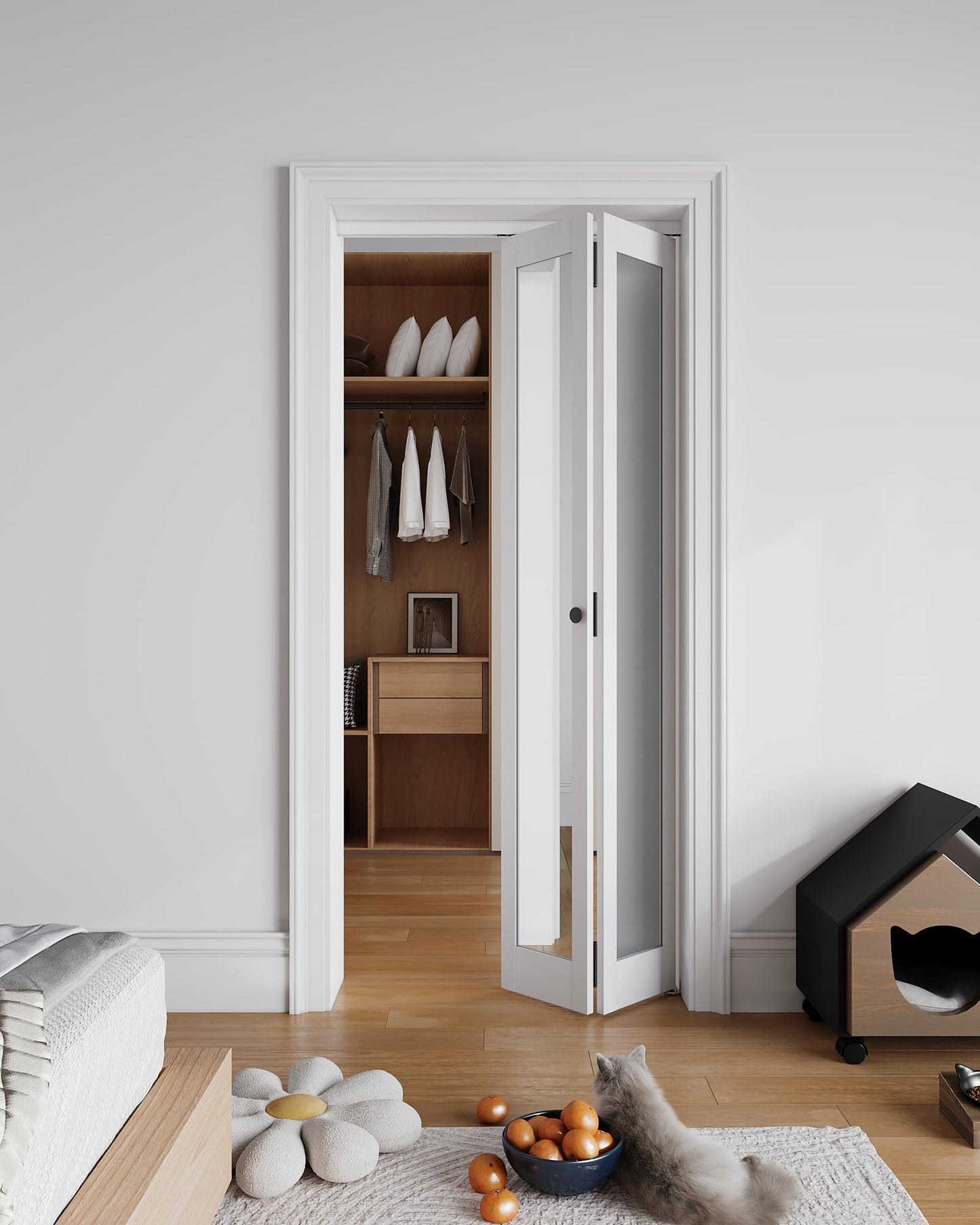 Bifold Doors for 24" x 80" Opening, 1-Lite Mirror Bifold Closet Doors with Sliding Hardware Kit Set, HD Mirror Bifold Panels for Interior Closet, Pantry, White & Easy Install