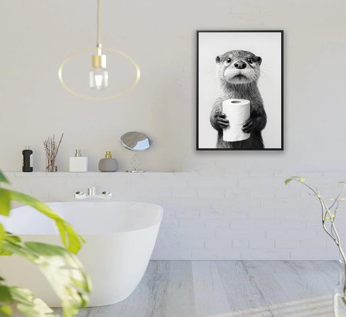 Framed Otter Wall Art - Black and White Funny Bathroom Decor | Farmhouse Toilet Paper Design